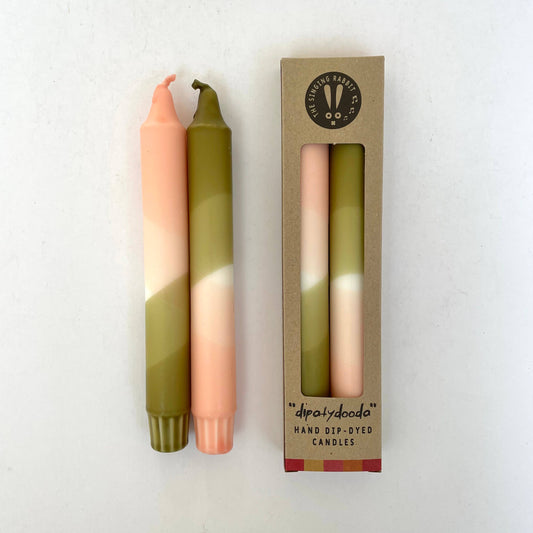 Hand Dip Dyed candles by The Singing Rabbit packed in eco friendly card boxes. Olive green and blush pink
