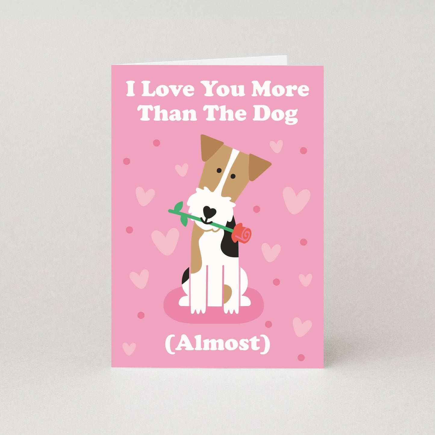 Card with a dog illustration and text on a pink background