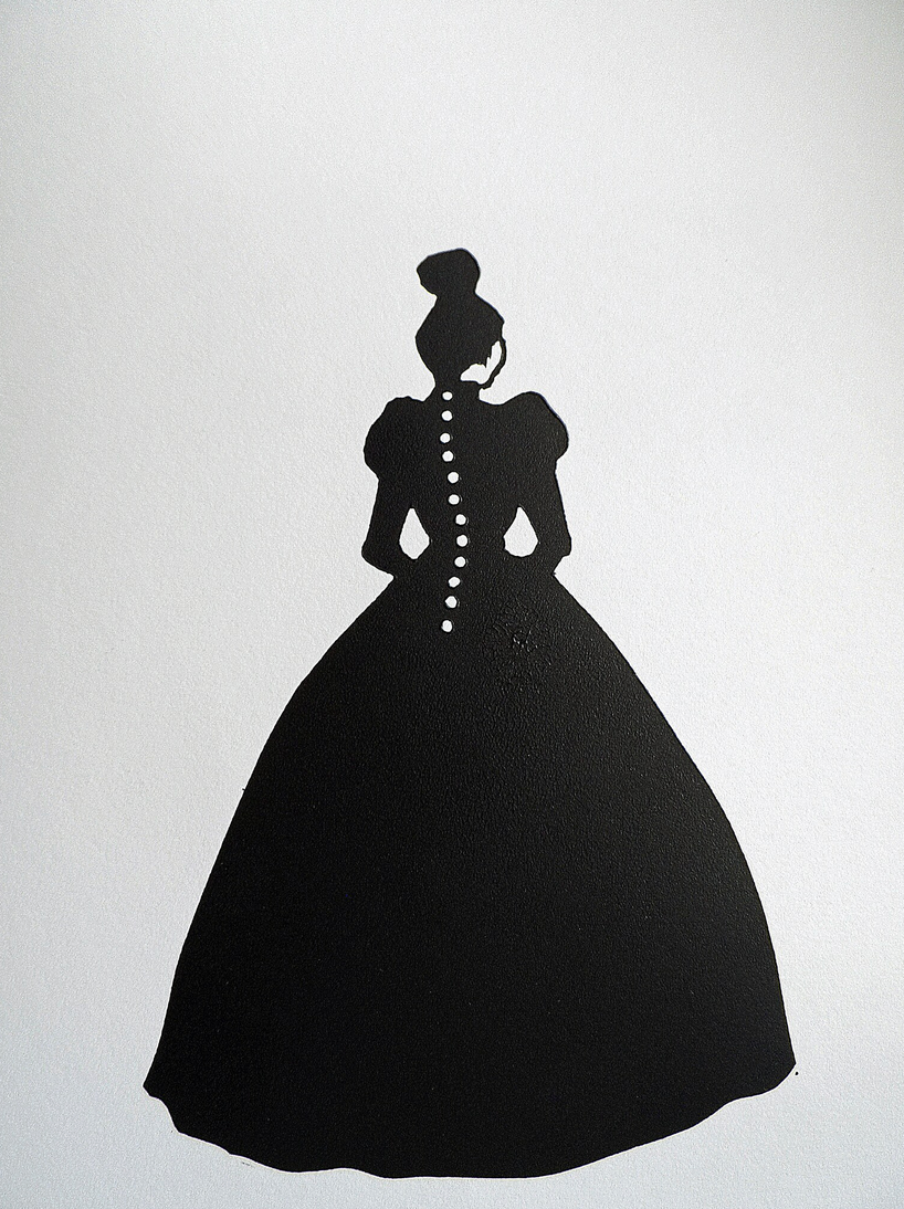 A signed and titled original linocut print by Polly Marix-Evans, depicting a silhouette of a woman in a dress, displayed on a white piece of paper with some decorative objects around it.