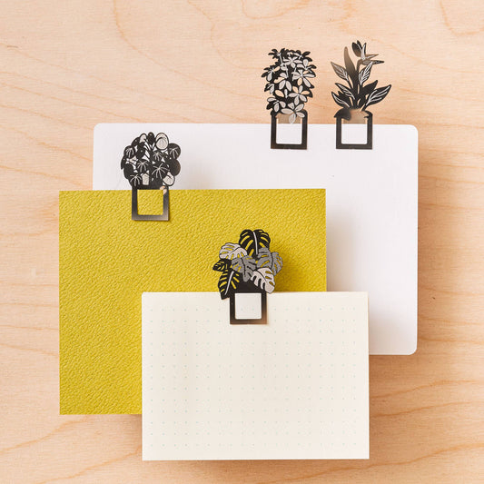 A set of four stainless steel bookmarks with a botanical design, featuring illustrations of houseplants such as Monstera delicious, Pilea peperomioides, Strelitzia, and Schefflera, presented on eco-friendly packaging by Another Studio for Heart Gallery