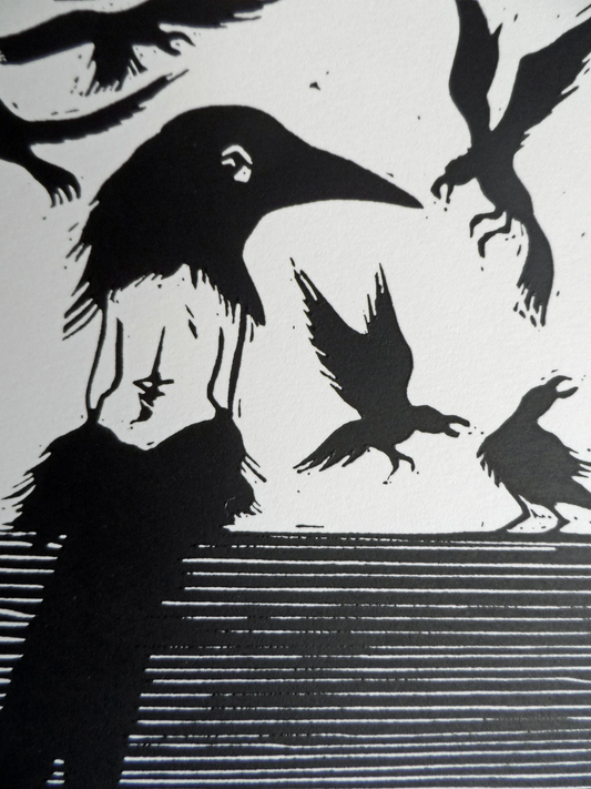 Original linocut artwork featuring a figure with birds, signed and titled by Polly Marix-Evans.
