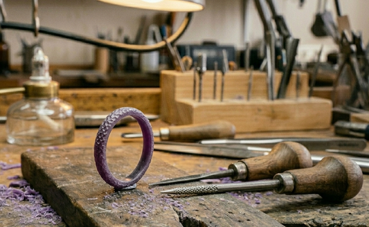 wax carved ring on a workbench with tools and materials.