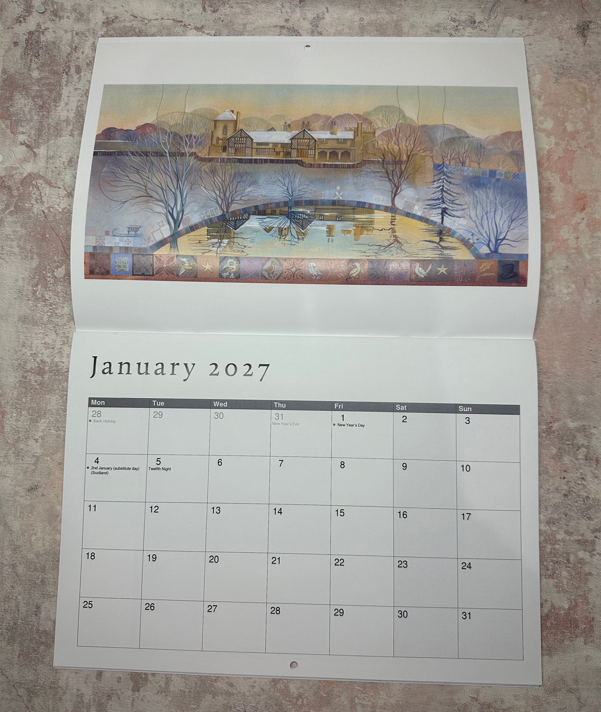 Kate Lycett's calendar spread showing January 2027 on the lower page and Frost at Shibden 