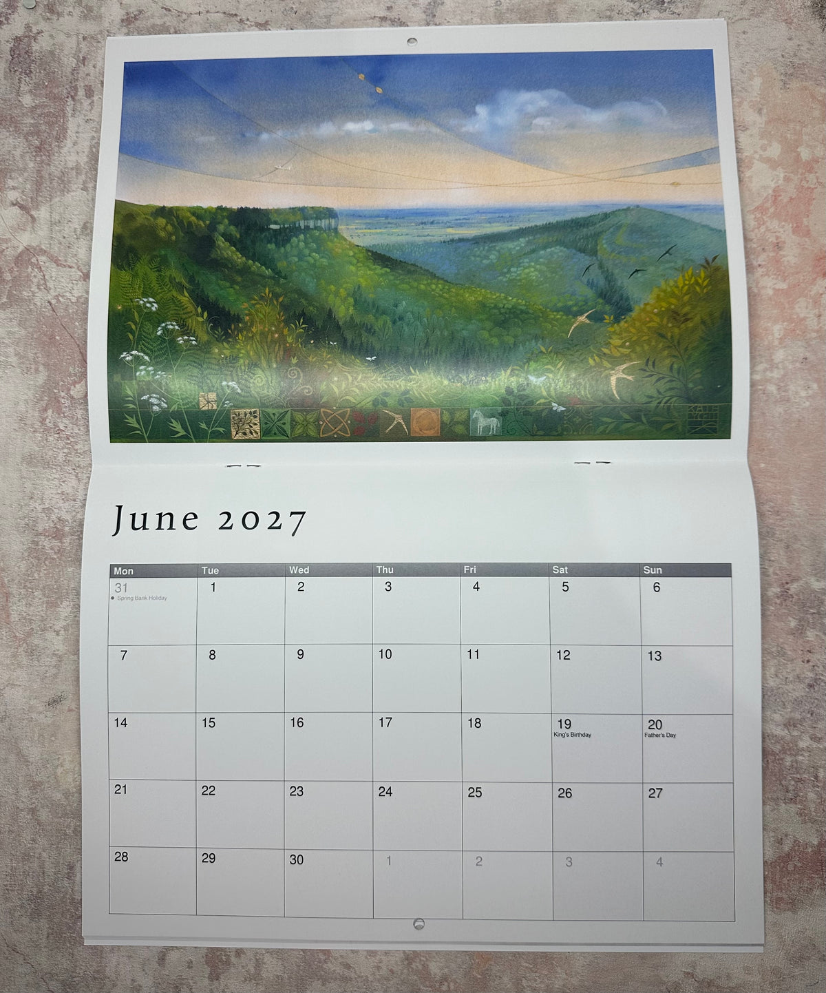 Kate Lycett's 2027 calendar hanging on a textured pink wall, showing Flight painted by Kate in 2025 above a June 2027 calendar grid.