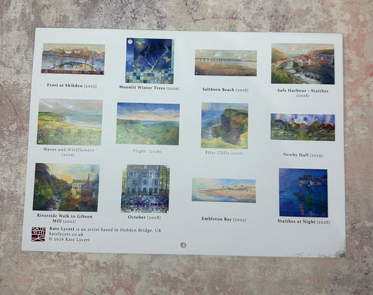 Kate Lycett 2027 calendar back at Heart Gallery featuring twelve small landscape paintings with titles and years beneath each. The bottom left includes a small artist logo and text.