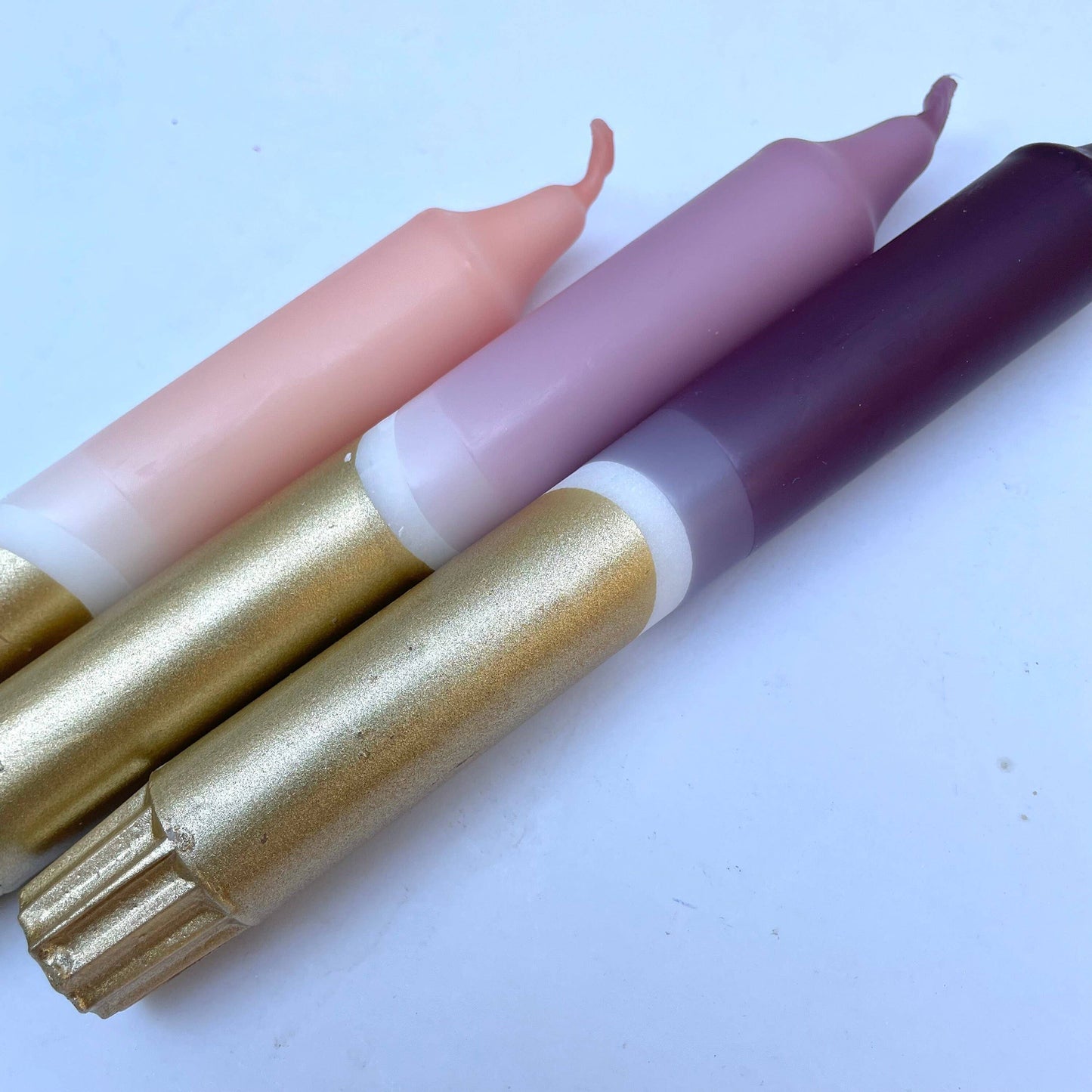 3 hand dip dyed candles in pinks and purples by The Singing Rabbit for HEart Gallery