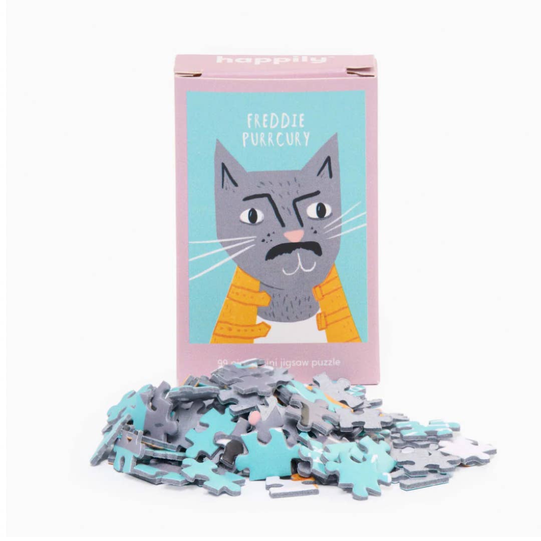 Jigsaw puzzle with a cat illustration and scattered puzzle pieces on a white background Freddie Purrcury 99 pieces