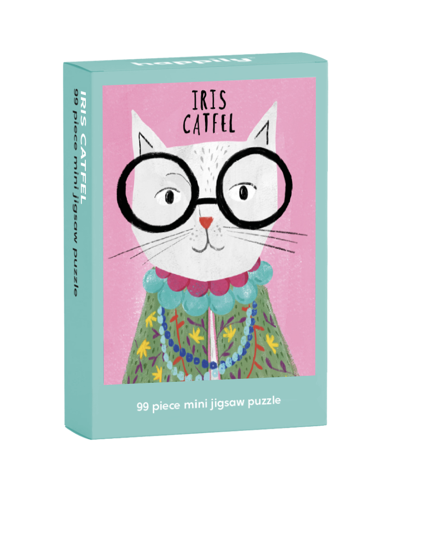 Jigsaw Puzzle with a cat illustration on the packaging against a pink background Iris Catfel 99 pieces