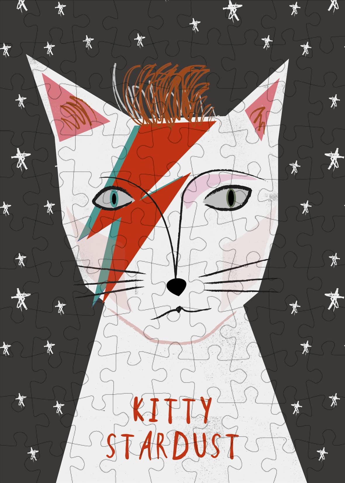 Jigsaw puzzle with a cat design inspired by David Bowie, titled 'Kitty Stardust'.