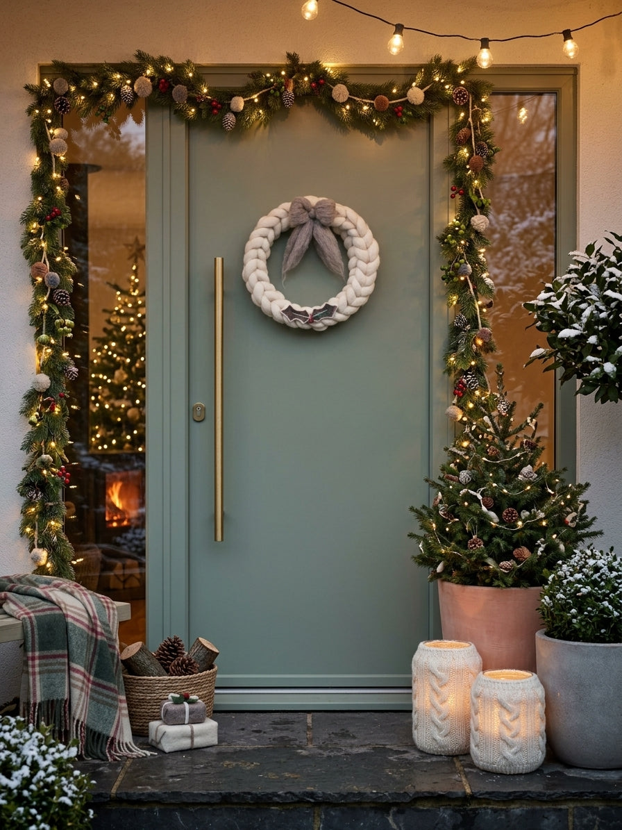 A festive front door decorated with a white rope wreath, a green garland with warm string lights, a small decorated tree, candles, and a plaid throw blanket in a cozy holiday setting.