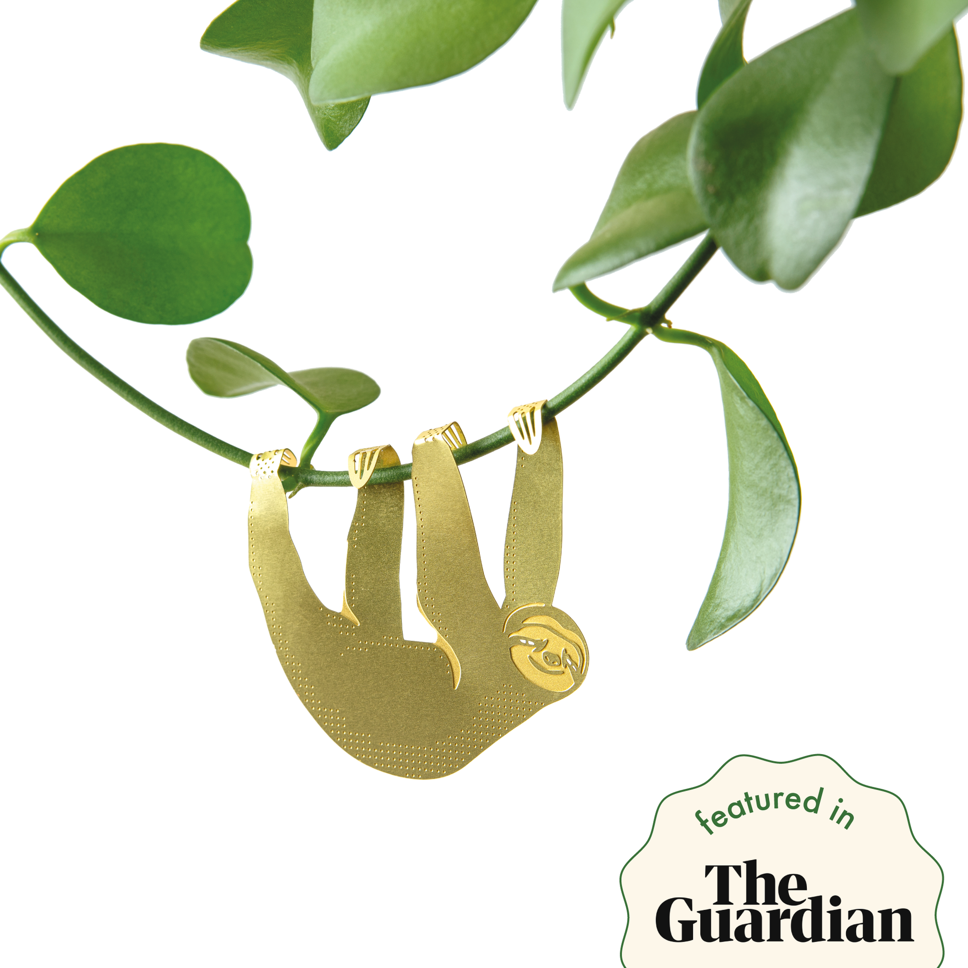 Gold sloth-shaped plant animal  hanging from a green leafy branch as featured i =n The Guardian.