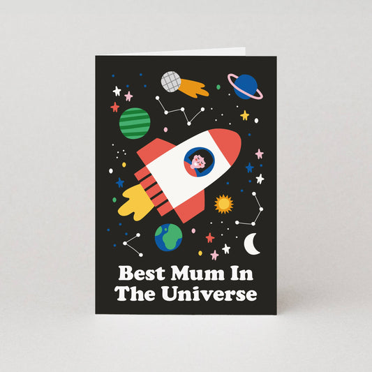 Greeting card with space-themed design and 'Best Mum In The Universe' text on a black background