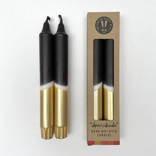 Black and gold hand dip dyed candles by The Singing Rabbit boxed  for Heart Gallery
