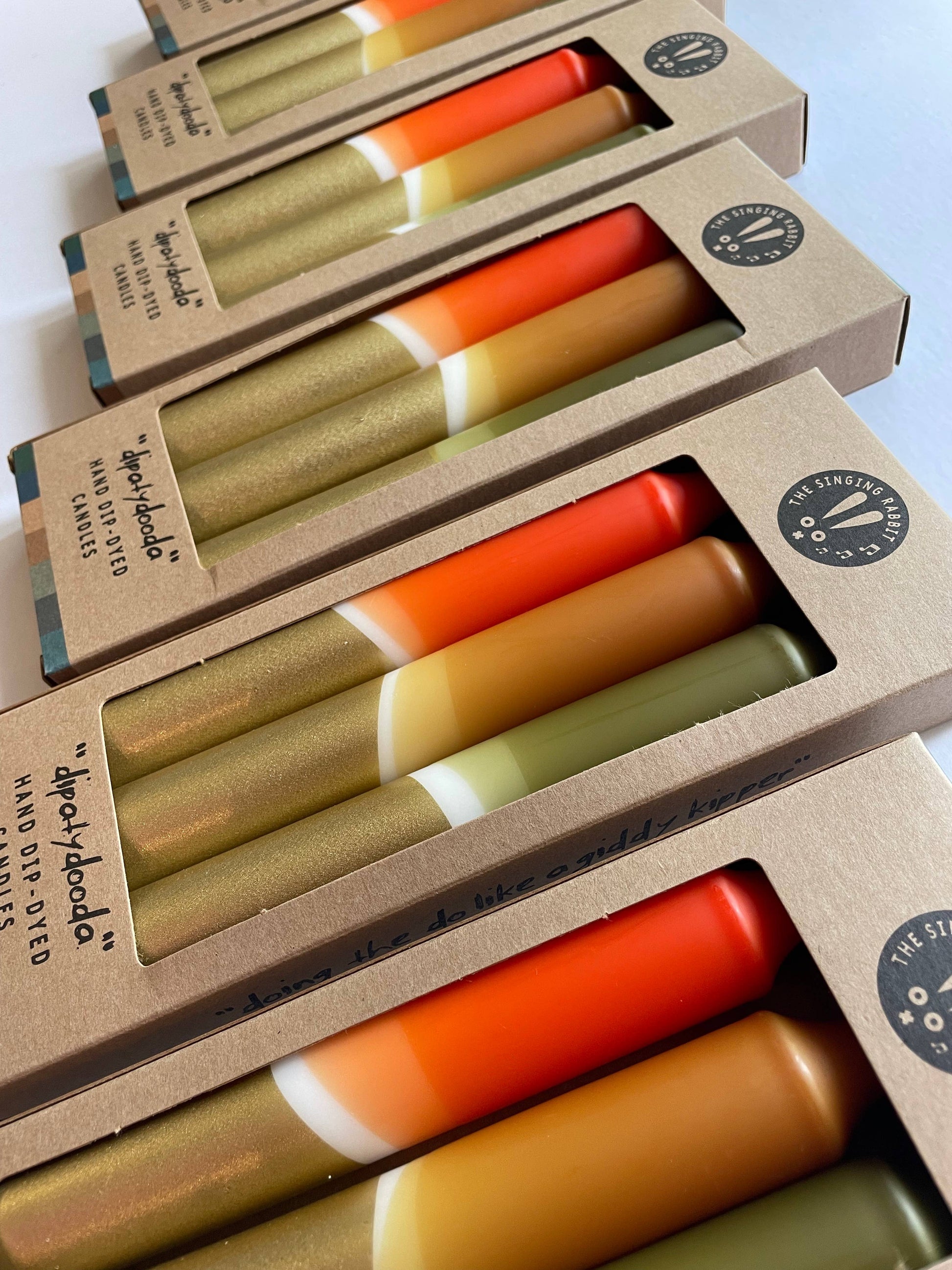 Boxed set of 3 candles hand dip dyed by The Singing Rabbit for Heart Gallery