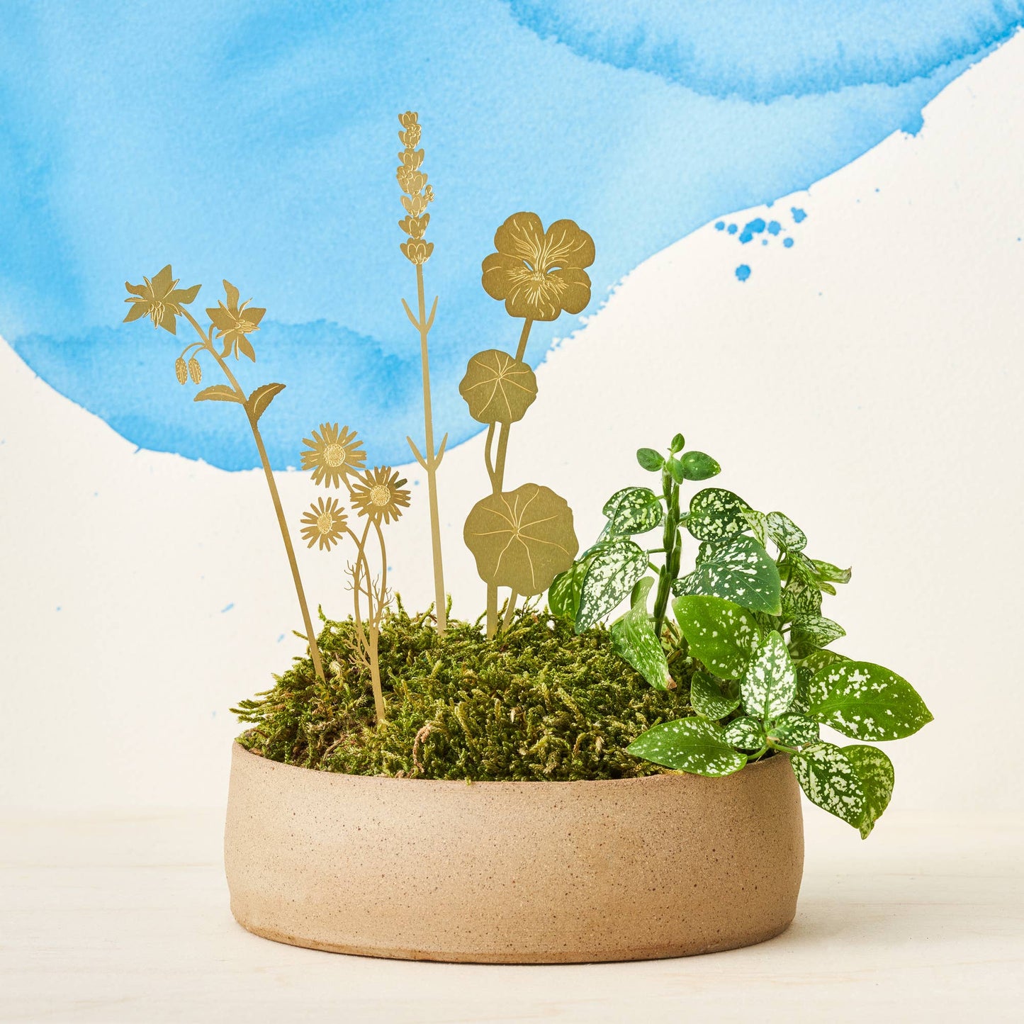A set of brass plant decorations in the shapes of various flowers to be decorations for your plant pots by Another Studio