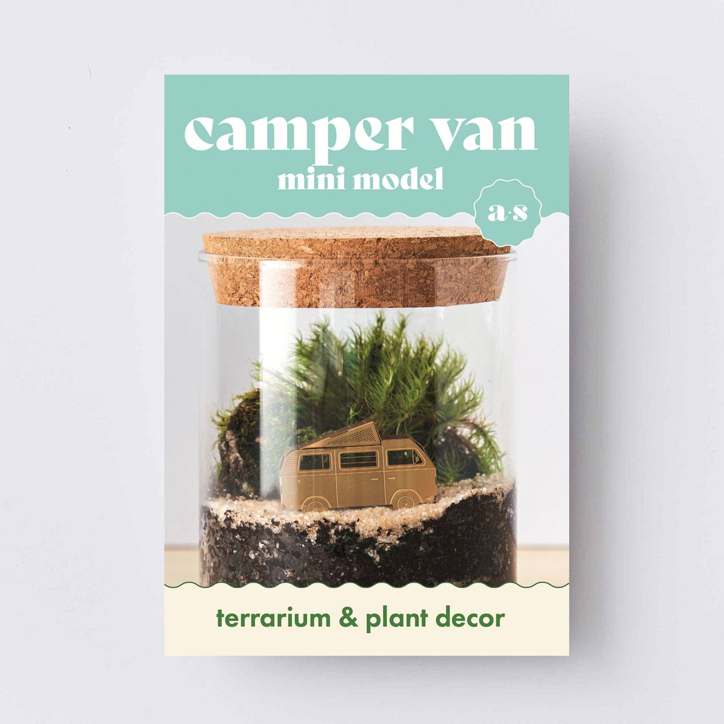  A brass miniature model of a camper van with a pop-top roof, intended for use as a terrarium or plant decoration.