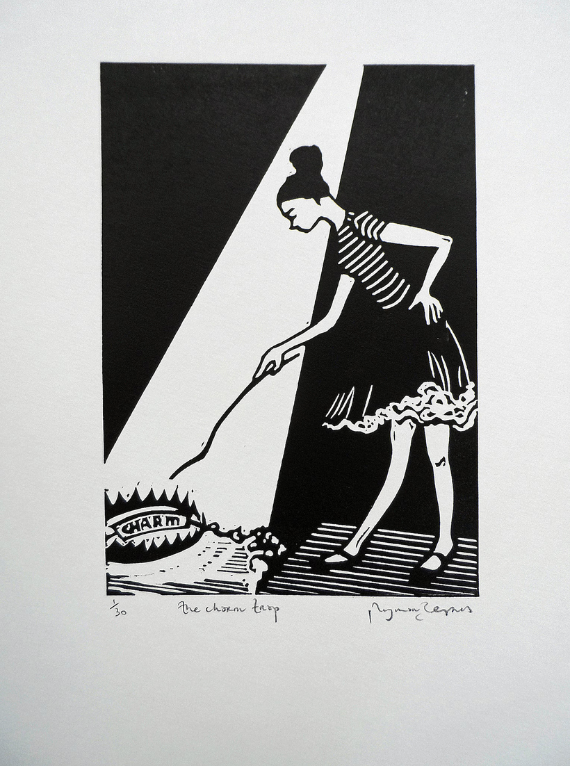 Original Linocut artwork mounted on a clipboard, depicting a black and white illustration of a person with a bun on their head, against a textured wall background.
