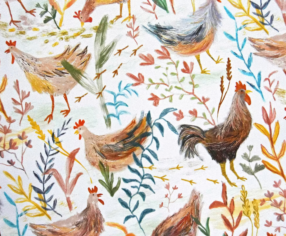 Close up of tea towel design by Freya Snow of chickens and roosters among leaves and plants.