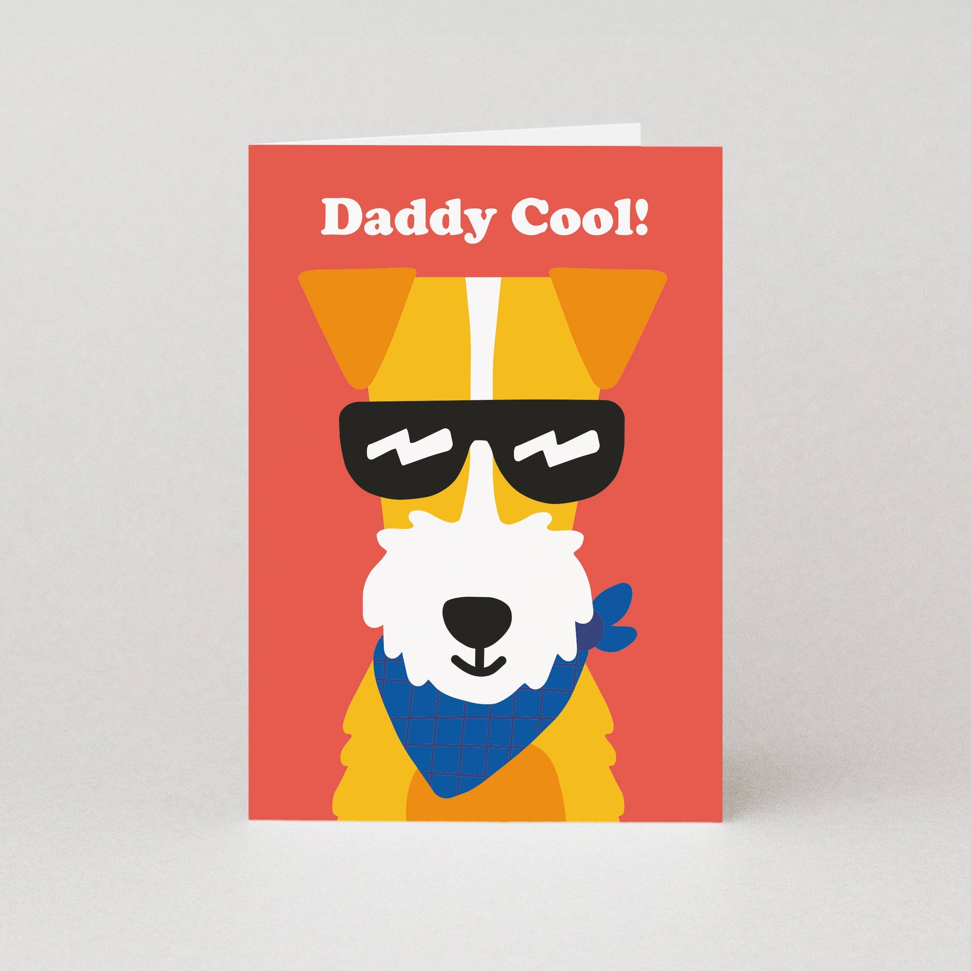 Card with a dog wearing sunglasses and a bandana, and the text 'Daddy Cool!' on a red background.