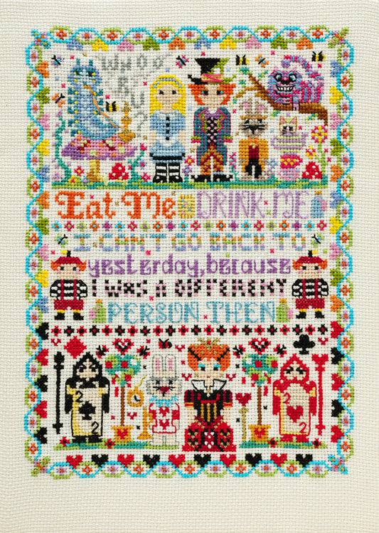 Cross-stitched design with Alice in Wonderland characters and text on a white background