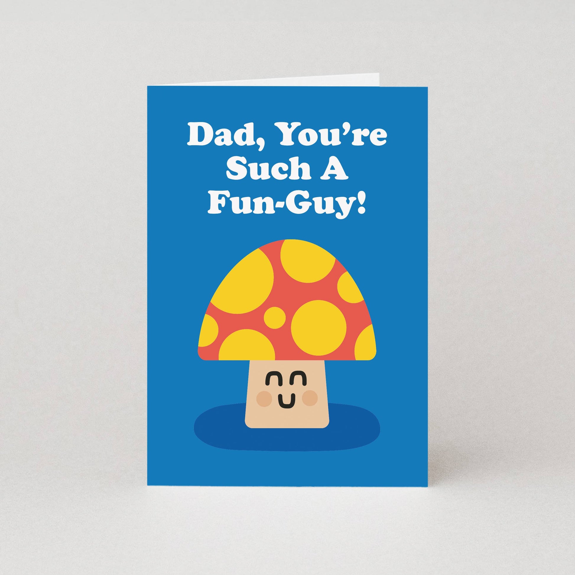 Greeting card with a mushroom illustration and text on a blue background
