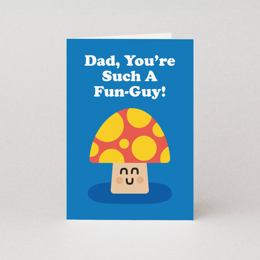 Greeting card with a mushroom illustration and text on a blue background