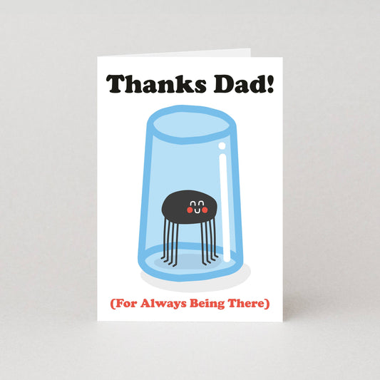 Greeting card with a spider in a jar and 'Thanks Dad!' text on a white background