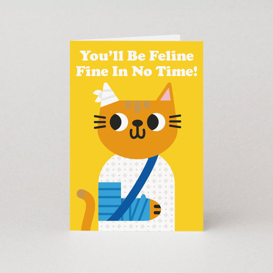 Greeting card with a cartoon cat illustration and text on a yellow background