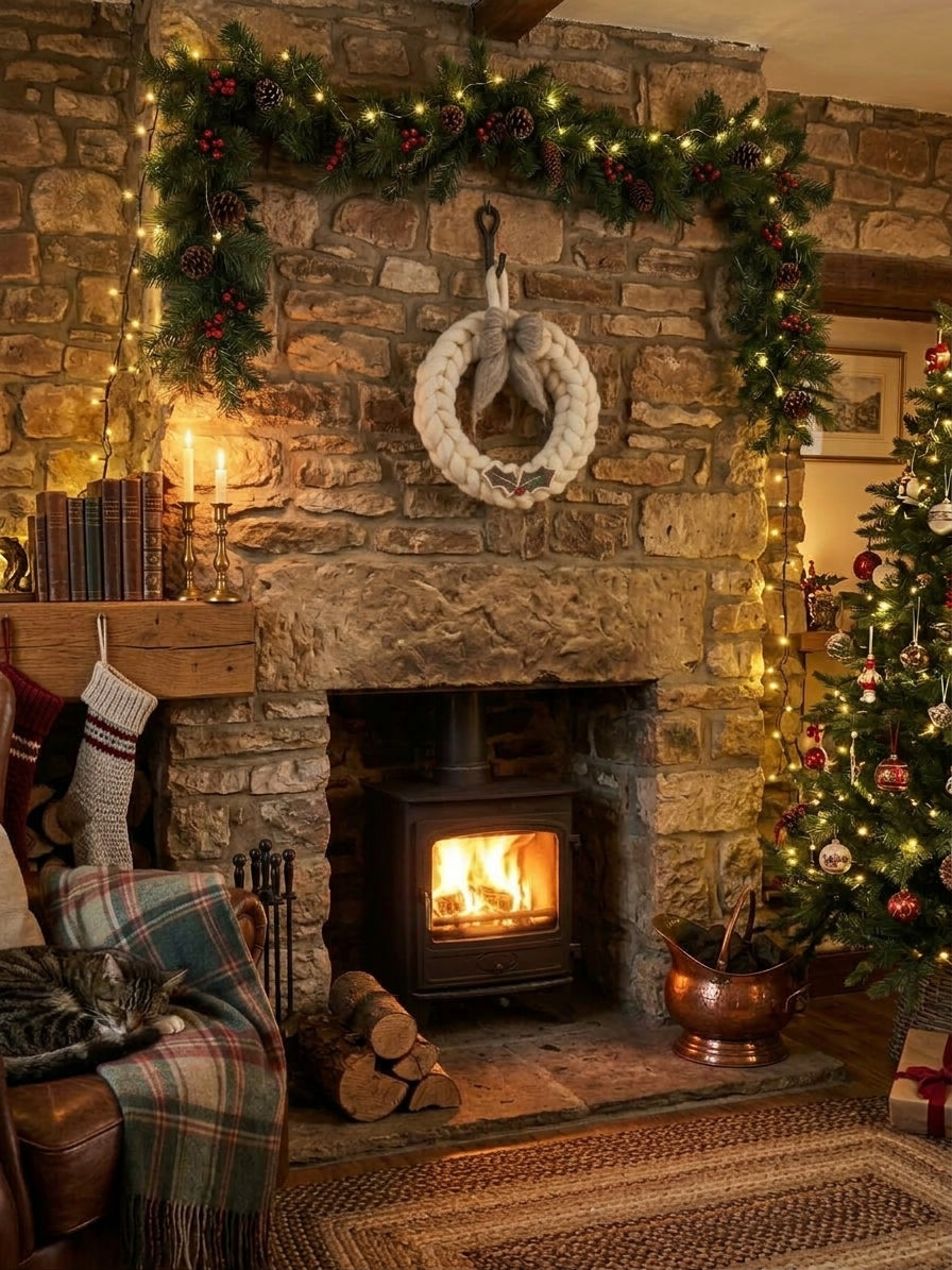 A cozy Christmas living room scene centered on a stone fireplace with a lit wood-burning stove, decorated with a green garland, pinecones, fairy lights, a white wreath, stockings, and a warm plaid throw. A Christmas tree stands to the right, and a cat rests on a leather armchair draped with the plaid blanket.