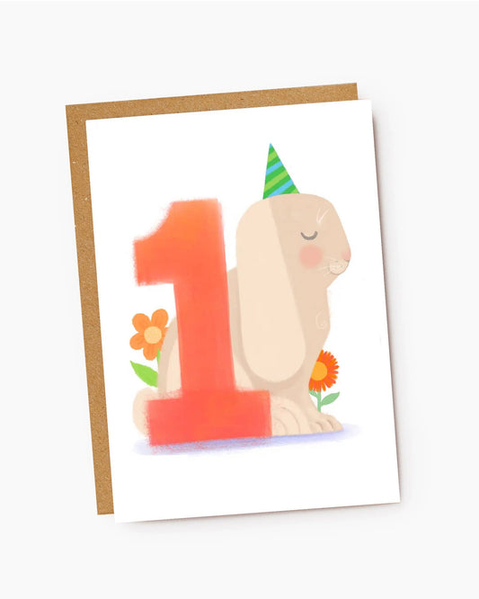 Greeting card with a rabbit wearing a party hat and the number '1' on a white background