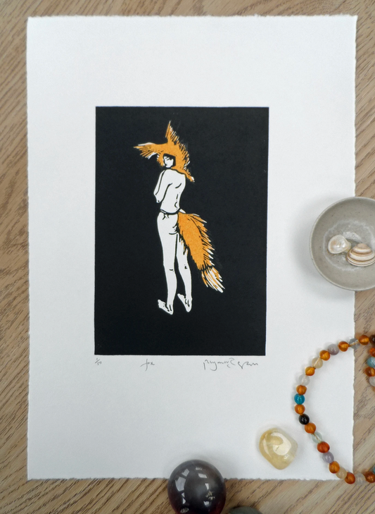 Original editioned linocut of a figure with a fox's tail, signed and titled by Polly Marix-Evans, displayed on smooth white paper with unframed copyrights reserved.
