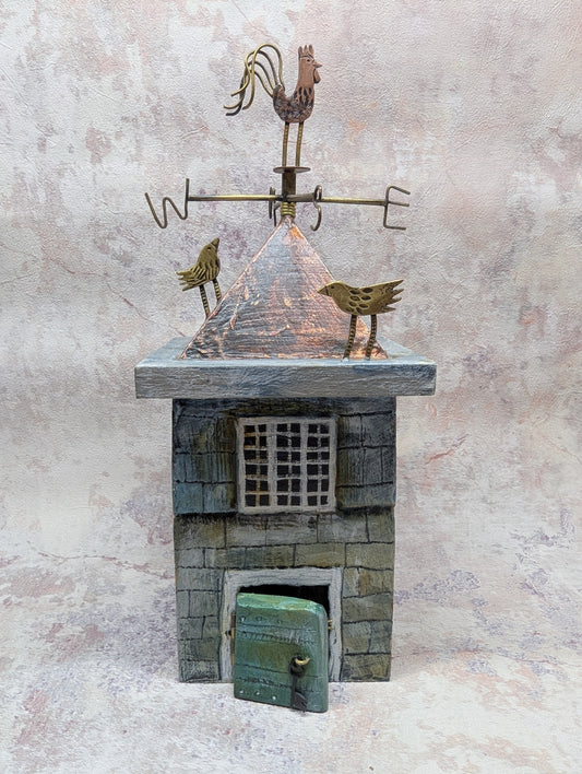 Frances Noon large house and weather vane with cat at the door handmade for Heart Gallery