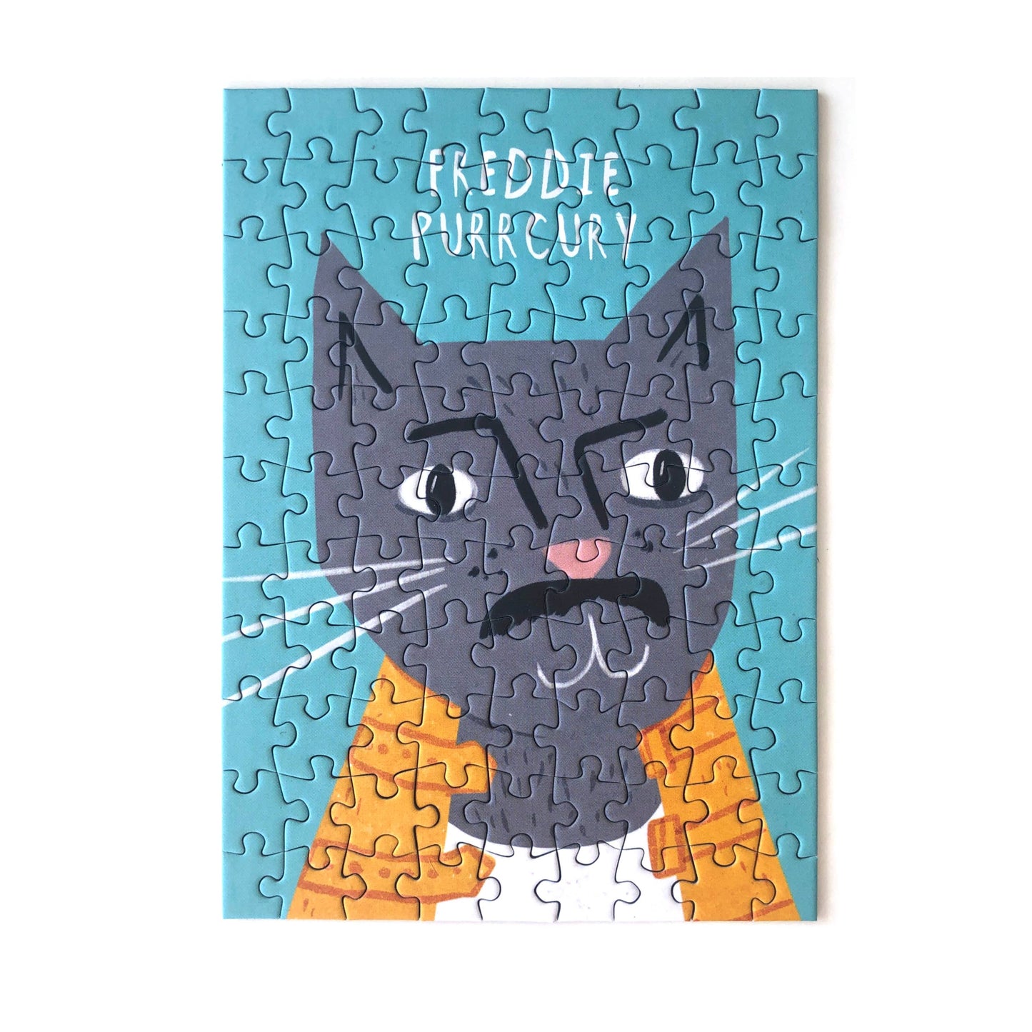 Jigsaw puzzle with a cat illustration and 'Freddie Purrcary' text on a blue background 99 pieces