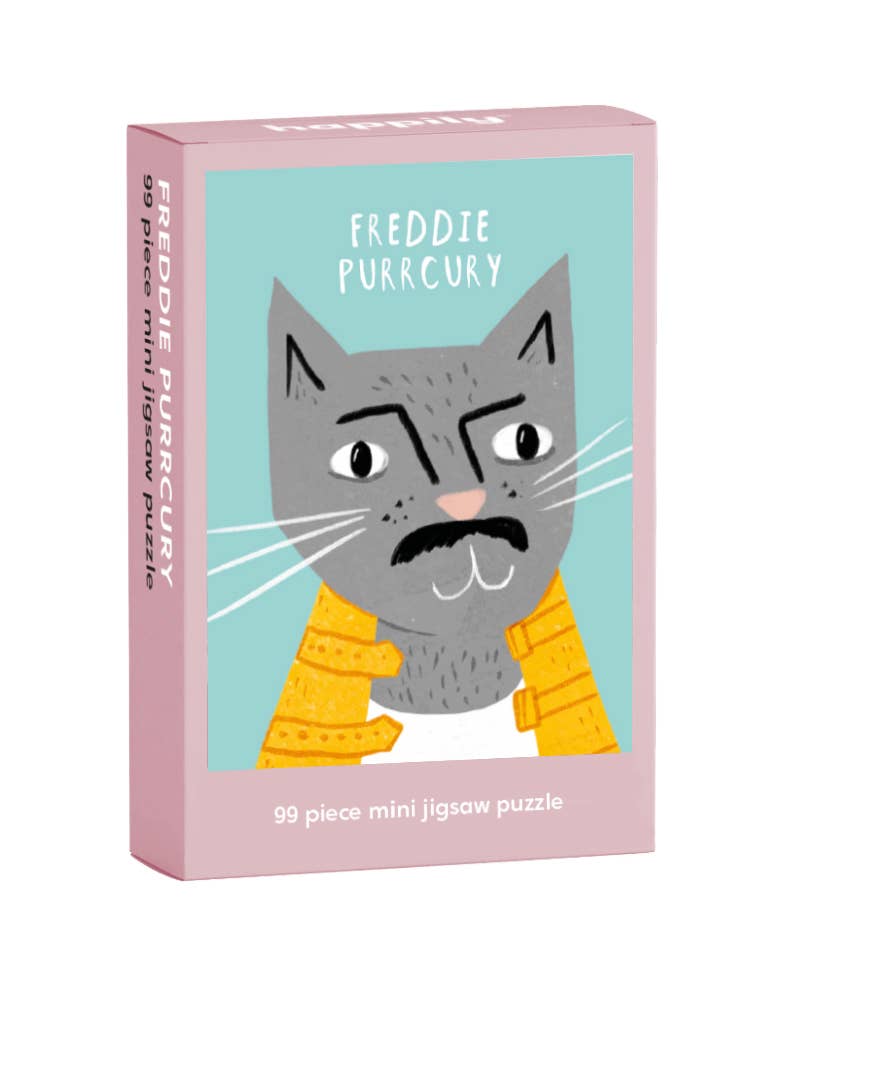 99 piece jigsaw puzzle box with a cat illustration and text on a blue background Freddie Purrcury