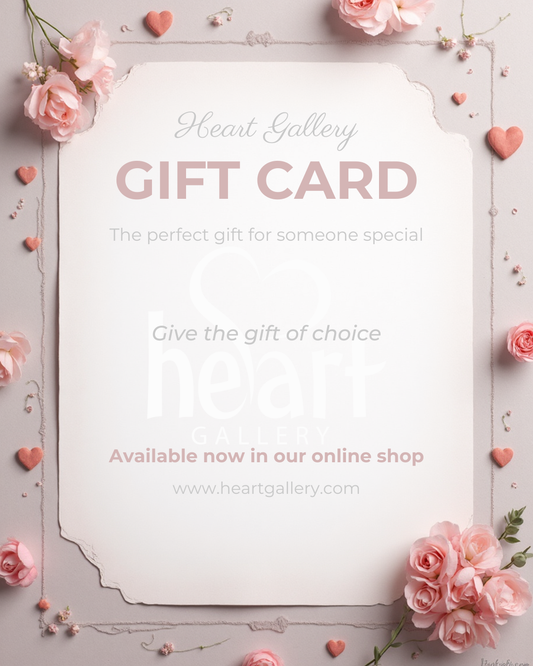 Gift card with pink roses and hearts on a light background, featuring 'Heart Gallery' branding.