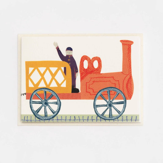 Illustration of a toy train with a driver on a white background