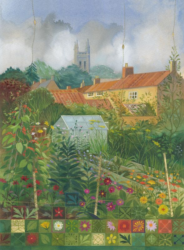 Painting by Kate Lycett of gardens in Helmsley  with a house and church in the background