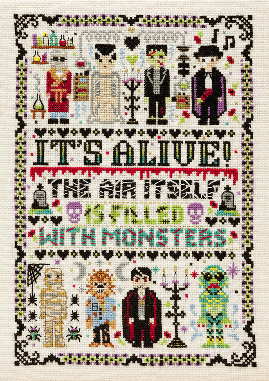 Cross-stitched pattern with characters and text from a movie, featuring a border with decorative elements.