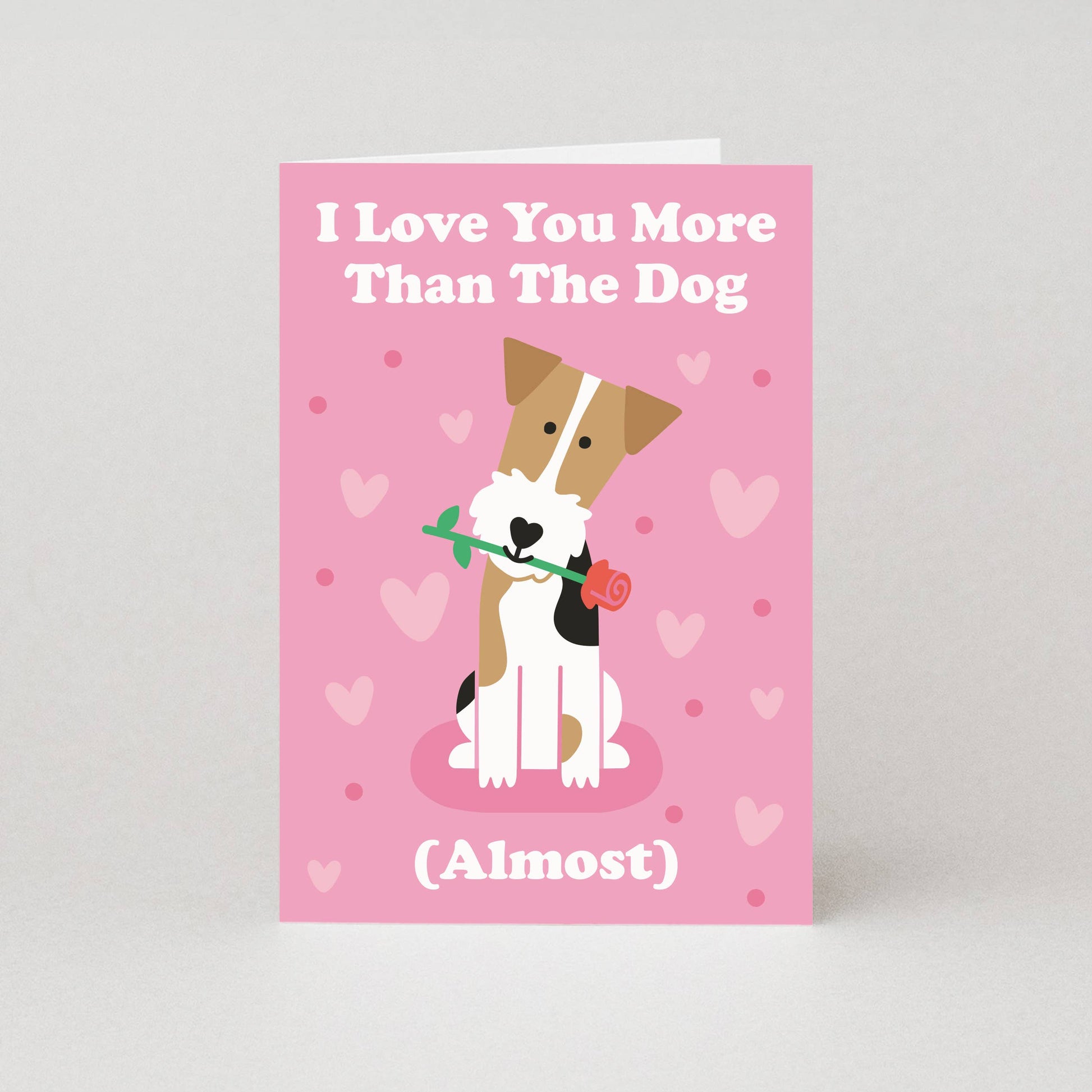 Card with a dog illustration and text on a pink background