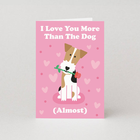 Card with a dog illustration and text on a pink background