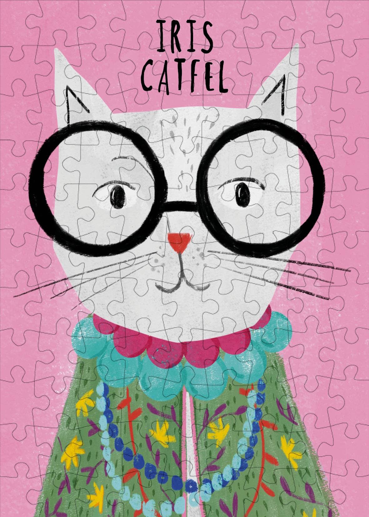 Jigsaw Puzzle with a cat illustration on the packaging against a pink background Iris Catfel 99 pieces