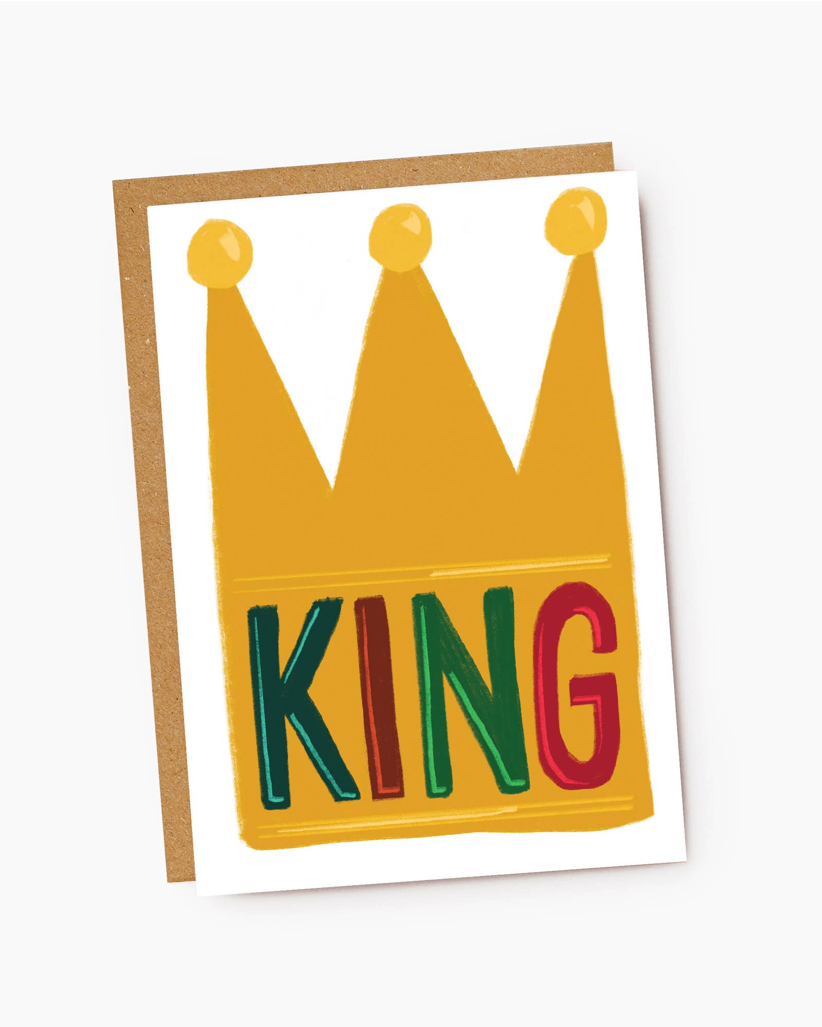 Card with a yellow crown and colorful 'KING' text on a white background