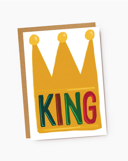 Card with a yellow crown and colorful 'KING' text on a white background