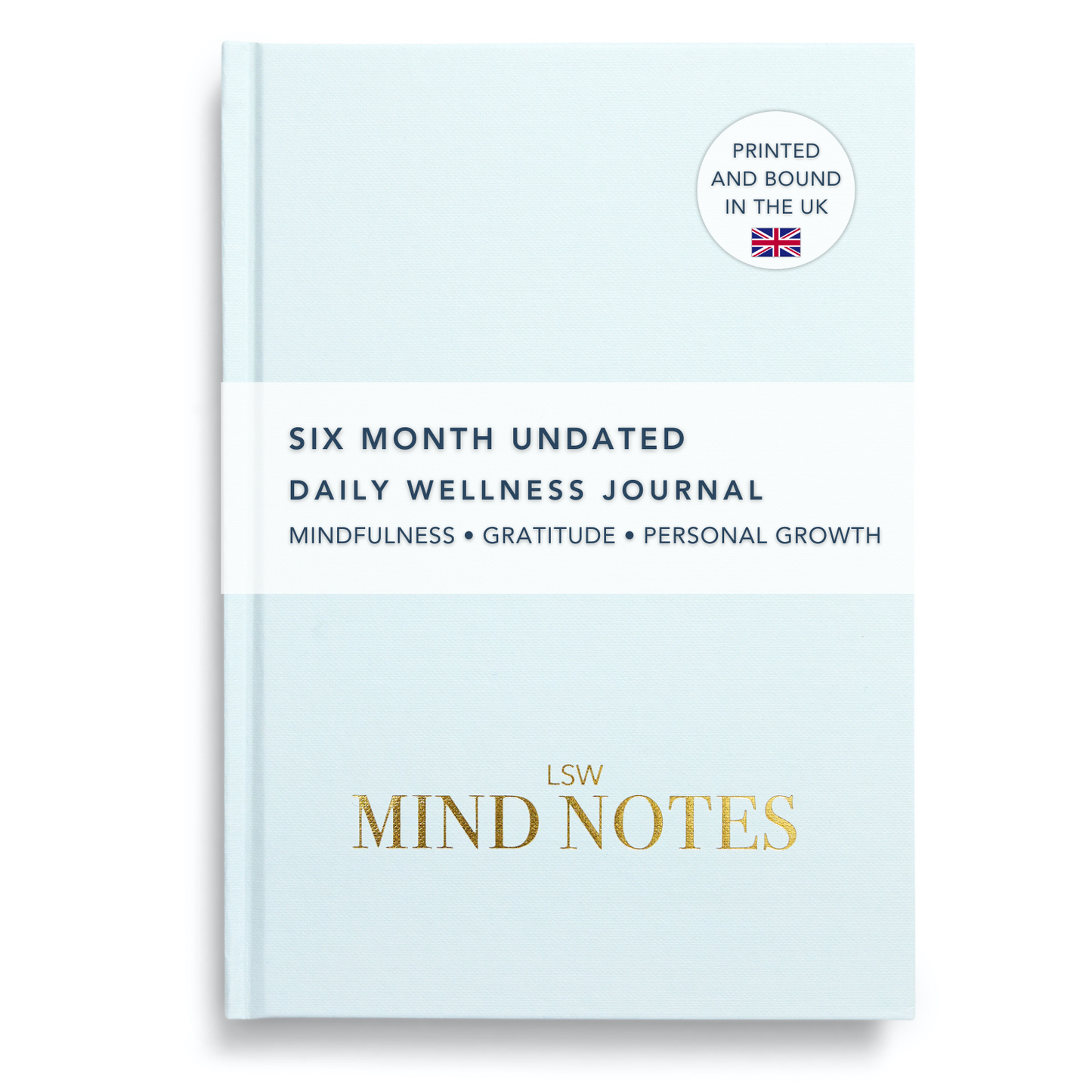 A light blue, undated daily wellness journal titled 'Mind Notes' with gold text, placed on a plain background.