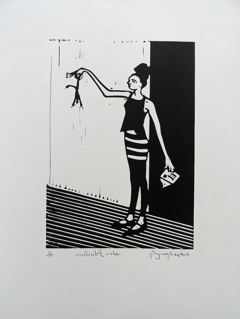A signed and titled original linocut by Polly Marix-Evans mounted on a clipboard, depicting a black and white print of a person reaching upwards holding a small male