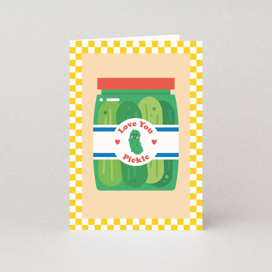 Card with a pickle jar illustration and 'Love You Pickle' text on a checkered border. handmade