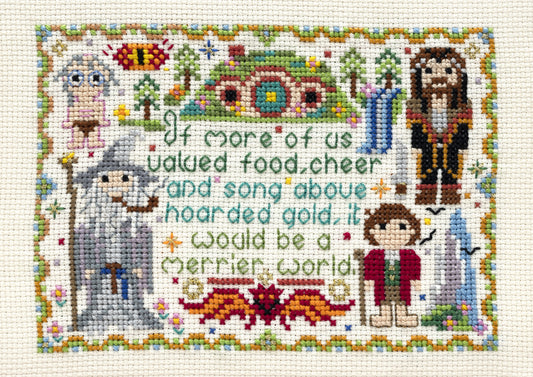 Cross-stitched design with characters and text on a white background
