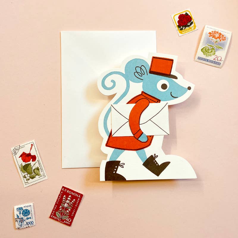 Card of a mouse character with a top hat and scarf, surrounded by vintage-style stamps on a beige background.