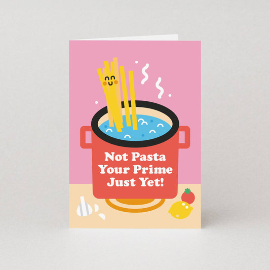 Greeting card with cartoon pasta in a pot and text on a pink background