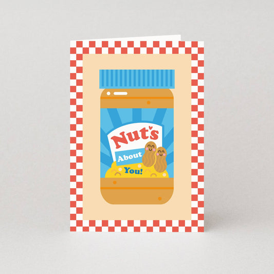 Card with a peanut butter jar design and checkered border by Heart Gallery